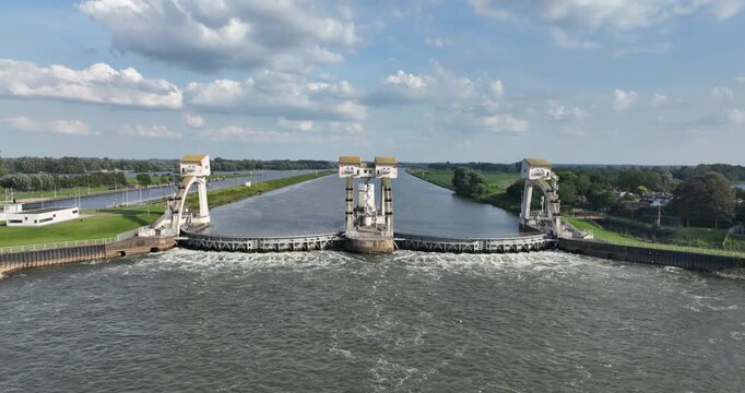 Weir and lock complex, Hagestein, Lek river, The Netherlands.