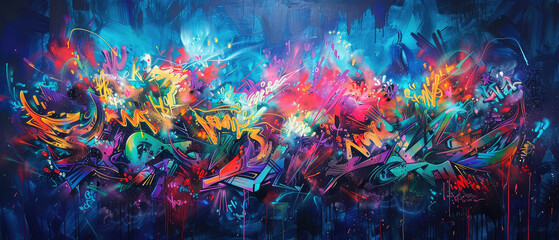 Naklejka premium Colorful abstract graffiti mural with vivid details.