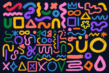 Colored various geometric brush strokes drawn shapes set. Bold bright color old brush. Crown, arrow, lightning, squiggles. Abstract vintage trendy element. Colorful vector geometric figures, objects.