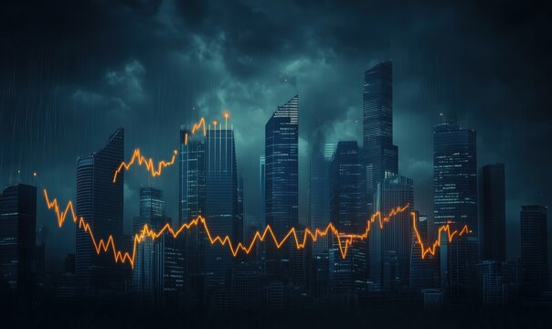 A city skyline with a dark sky and a graph of numbers. The graph is showing a downward trend