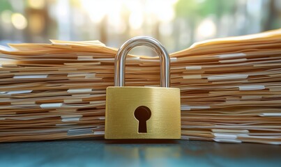 A gold lock with a keyhole sits on top of a stack of papers. The lock is surrounded by a pile of papers, which suggests that the papers may be important or confidential