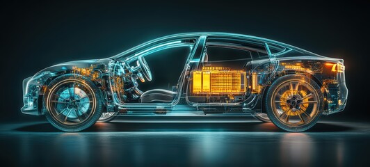 Electric car with clearly defined cables, motors, and electrical components, set against a dark background