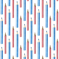 Seamless pattern with watercolor stationery, pencils. Hand drawn objects on white background. Education Back to School concept. Illustration draw pencil. For wrapping, fabric, wallpaper.