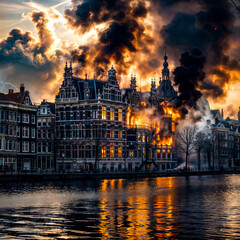 Fototapeta premium Smoke billowing out of building next to body of water with buildings in the background.