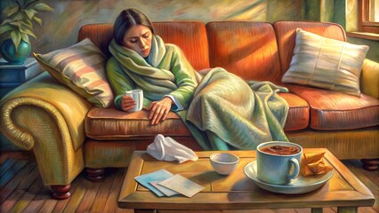 Sick Woman Resting on Couch with Blanket and Hot Tea