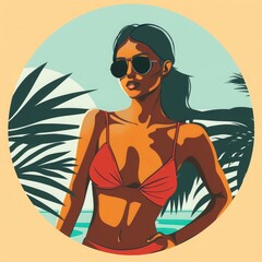 A woman in a red bikini stands confidently under the sun, surrounded by palm trees and ocean waves