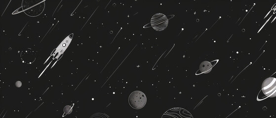 Space-themed illustration with planets and rocket.