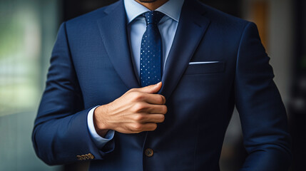 Professional poise: A close-up of a businessman adjusting his blue suit tie, symbolizing professionalism, confidence, and meticulous attention to detail in corporate settings.