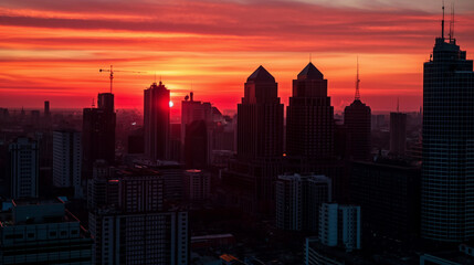 Fototapeta premium Dramatic cityscape with vibrant red and orange sky, dark cloud lines, setting sun and dark silhouettes of skyscrapers, urbanization concept
