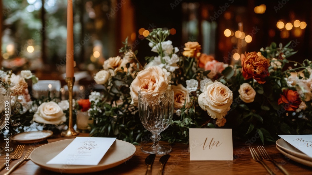 Poster a beautifully arranged table features delicate floral decorations, candles, and elegant place settin