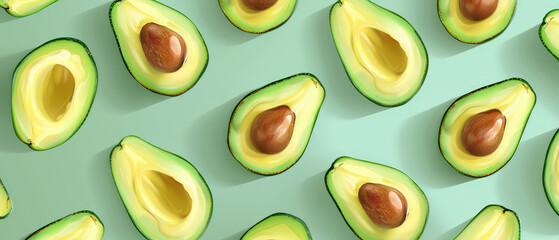 Pattern of cut avocado halves on a pastel green background.