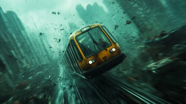 Train derailing in a futuristic urban environment during a catastrophic event