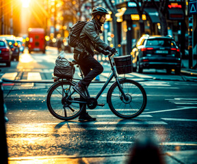 Man riding bike down street next to traffic filled street.