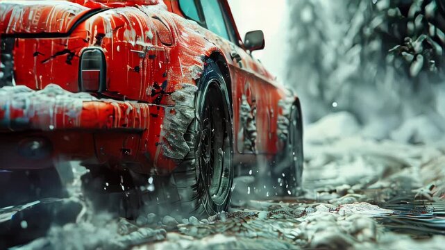 Snow flies from under the wheels of a car on a winter snowy icy road, concept of changing tires from summer to winter, tire fitting