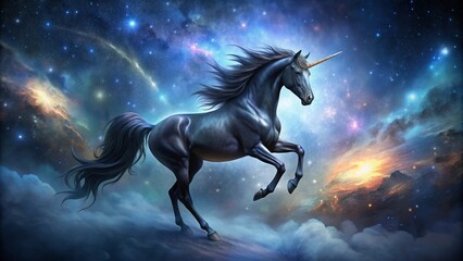 Obraz premium Enchanting black unicorn in space , magical, mythical, beauty, enchanting, fantasy, creature, horse, dark, backdrop, mysterious