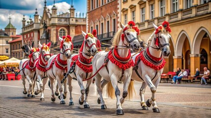 Horses in red harnesses with tufts of feathers galloping through the Main Square of Krakow, Poland, horses