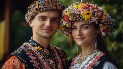 Fototapeta premium A couple dressed in vibrant Ukrainian folk costumes stands together outdoors, showcasing their intricate outfits and traditional accessories against a lush backdrop.