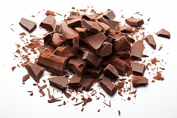 Pile chopped, milled chocolate isolated on white background, top view