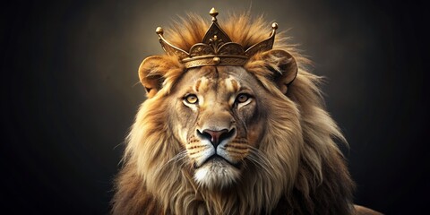 Fototapeta premium Majestic lion wearing a golden crown, symbolizing royalty and power, lion, king, beast, crown, majestic, power, royalty, wild