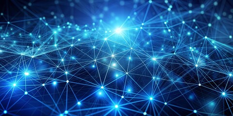 Fototapeta premium Abstract blue technology background with cyber network grid, artificial neurons, and global data connections, Cyber