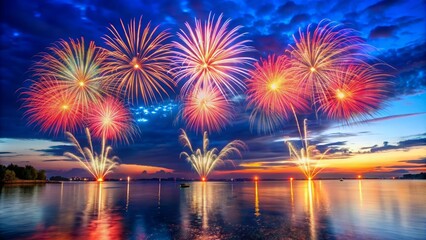 Colorful fireworks display over water on the 4th of July Independence Day celebration, fireworks, water, celebration