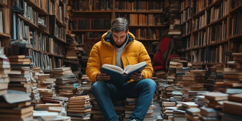 A young adult in a yellow puffer jacket sits among stacks of books in a cozy library, engrossed in reading a large book