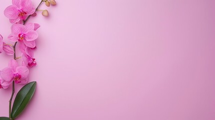 Fototapeta premium Pink Orchids on Soft Pink Background, Minimalistic Floral Design with Ample Copyspace, Ideal for Elegant Floral Invitations, Nature-Inspired Decor, or Creative Design Projects.