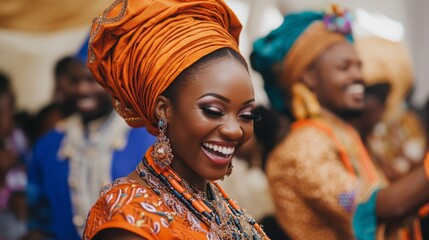 Obraz premium A woman wearing vibrant traditional clothing and accessories beams with joy while celebrating at a cultural gathering.