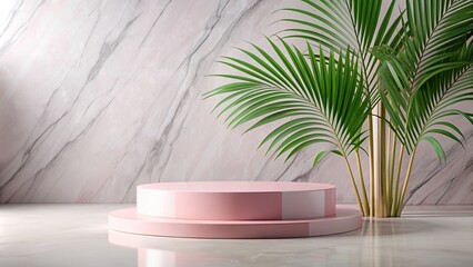 Obraz premium render of pink podium with green palm leaf on marble stage, podium, pink, render, green, palm leaf, marble, stage, clean