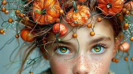 face of a child with pumpkins