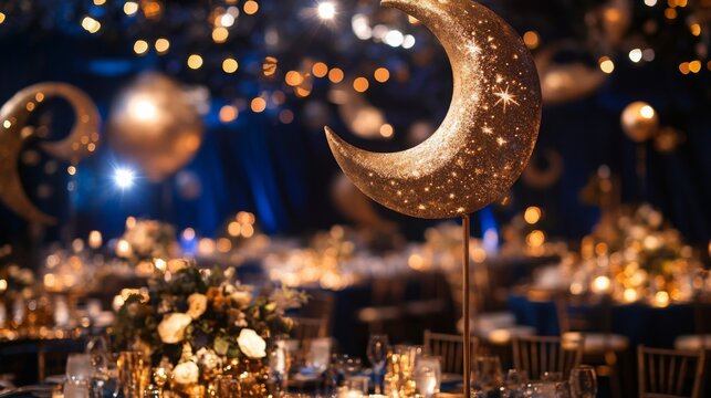 A beautifully adorned event space features golden crescent moon decorations and tables set with floral arrangements, glowing lights, and elegant settings for an enchanting evening gathering.