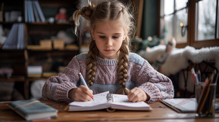 A young student focussing on studies diligently taking notes studying learning