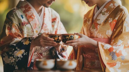 A couple dressed in elegant traditional kimonos participates in a serene tea ceremony in a lush garden setting.