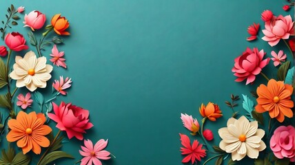 Fototapeta premium Romantic and Paper cut flowers on pastel blue background with copy space ai generated 