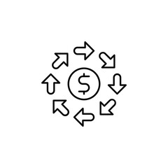 Financial Management and Currency Flow Concept Icon with Dollar Sign Surrounded by Arrows Indicating Economic Activity, Investment Diversity, Cash Flow, and Banking in Minimalist Line Art Style