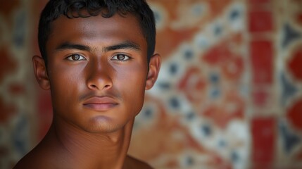 A close-up portrait of a Hispanic male with short curly hair, set against a colorful patterned background