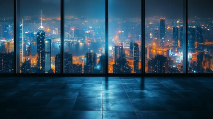 city lights at night from the high building interior view. 