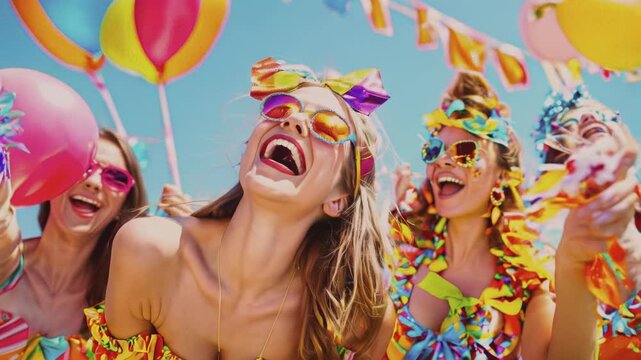 A vibrant street carnival with colorful decorations, where a group of joyful people, led by a woman with curly hair, laugh and celebrate. The atmosphere is full of energy, showcasing the lively spirit