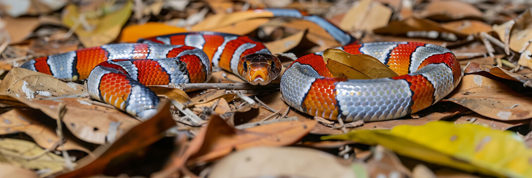 Amazonian Coral Snake Micrurus spixii slithering through the leaf litter