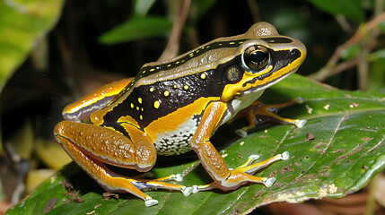 Obraz premium Amazonian Frog perched on a leaf in the rainforest its bright colors and unique markings warning predators of its toxicity amidst the lush and humid environment of this biodiverse region