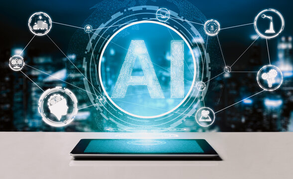 AI Learning and Artificial Intelligence Concept - Icon Graphic Interface showing computer, machine thinking and AI Artificial Intelligence of Digital Robotic Devices. uds