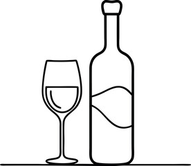 Minimalist Wine Bottle And Glass Line Art Drawing