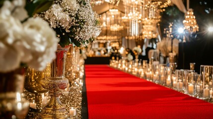 A luxurious red carpet adorned with exquisite floral arrangements and glowing candles creates a stunning entryway for an evening celebration.