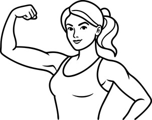Strong Athletic Woman Flexing Muscles in Line Art Drawing