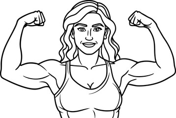 Strong Woman Flexing Muscles in Outline Drawing