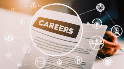 Human Resources Recruitment and People Networking Concept. Modern graphic interface showing...