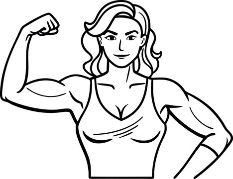 recommend clip art: Strong Woman Flexing Muscles Drawing in Black and White