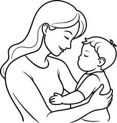Mother Holding Baby in Loving Embrace Line Art Drawing