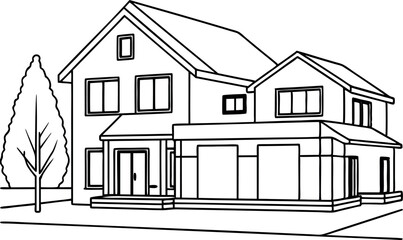 Line Art Drawing of Residential House in Black and White