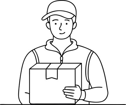 recommend clip art: Delivery Person Holding Package in Simple Line Art Drawing